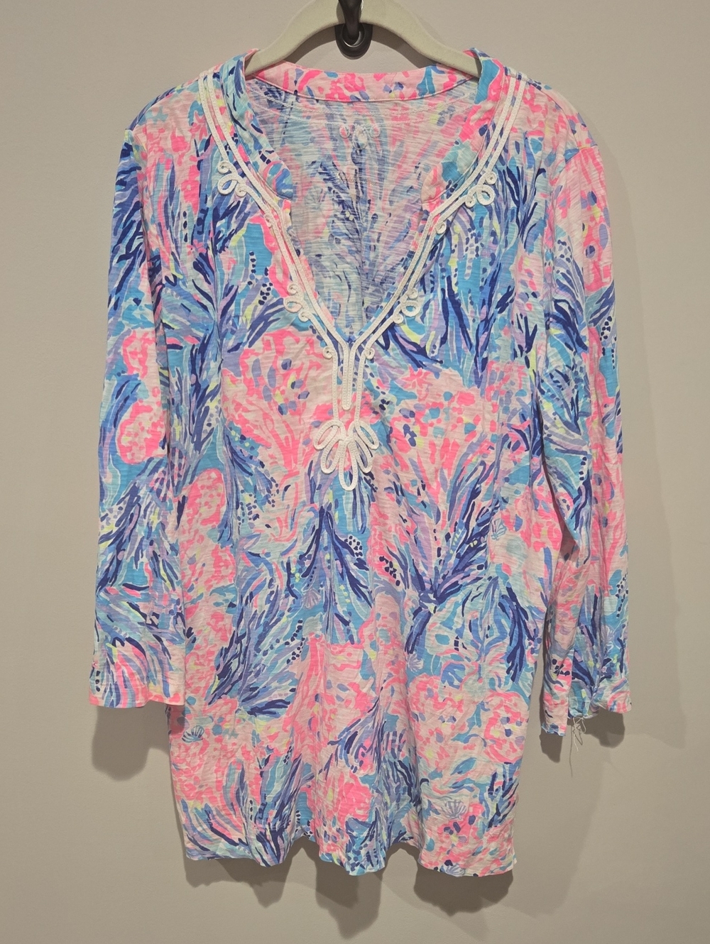 Lilly PULITZER Womens Floral Print V-Neck Tunic Top - Pink & Blue, cover up Xl